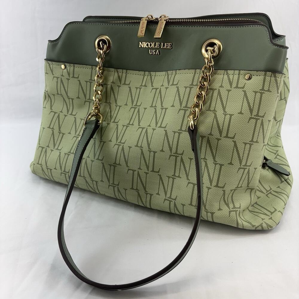 Nicole Lee Monogrammed Satchel Faux Vegan Sage Green Leather - Picture 1 of 9